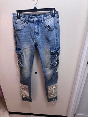 Serenede Men's Skinny Cargo Jeans - Light Blue with Tan Patches size 32